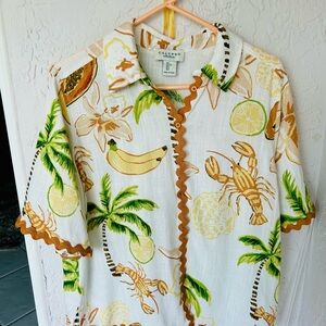 Calypso St. Barth Tropical Print Shirt - White, Green, Yellow, Brown trimmed